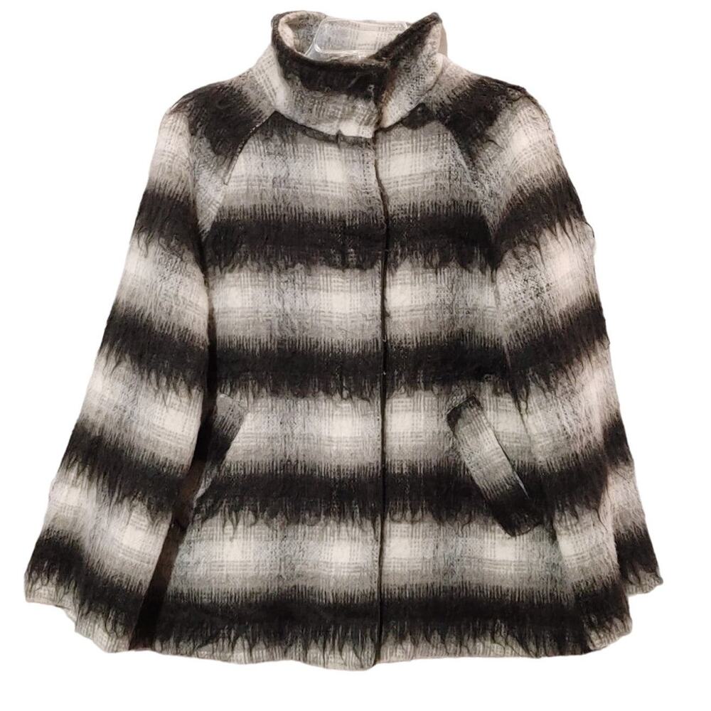 Me Jane Fuzzy Knit Plaid Turtleneck Coat Jacket Wool Blend Black White Womens S